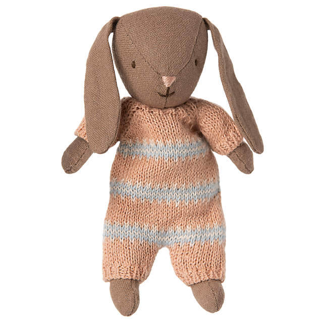 Brown Maileg micro bunny plush toy wearing a dusty rose and light blue striped knitted suit on a white  background.