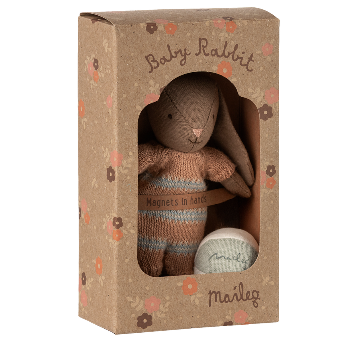 Maileg brown micro baby rabbit plush toy in a floral gift box with a knitted suit and ball.