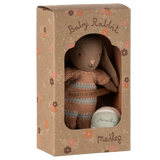 Maileg brown micro baby rabbit plush toy in a floral gift box with a knitted suit and ball.