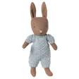 Maileg brown micro rabbit plush toy wearing a light blue knitted romper suit. Small linen bunny doll on white background.