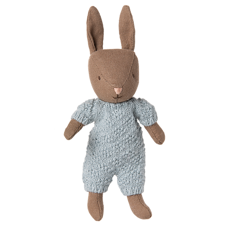 Maileg brown micro rabbit plush toy wearing a light blue knitted romper suit. Small linen bunny doll on white background.