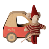 Maileg Christmas mouse little sister toy with a cardboard car box.