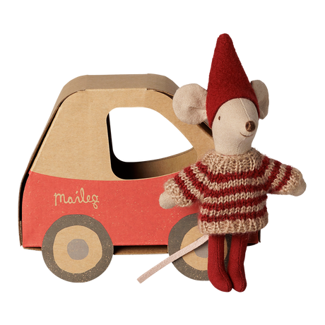 Maileg Christmas mouse little sister toy with a cardboard car box.