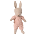 Maileg micro rabbit toy in a rose pink knitted suit. For heirloom plush toys and gifts.