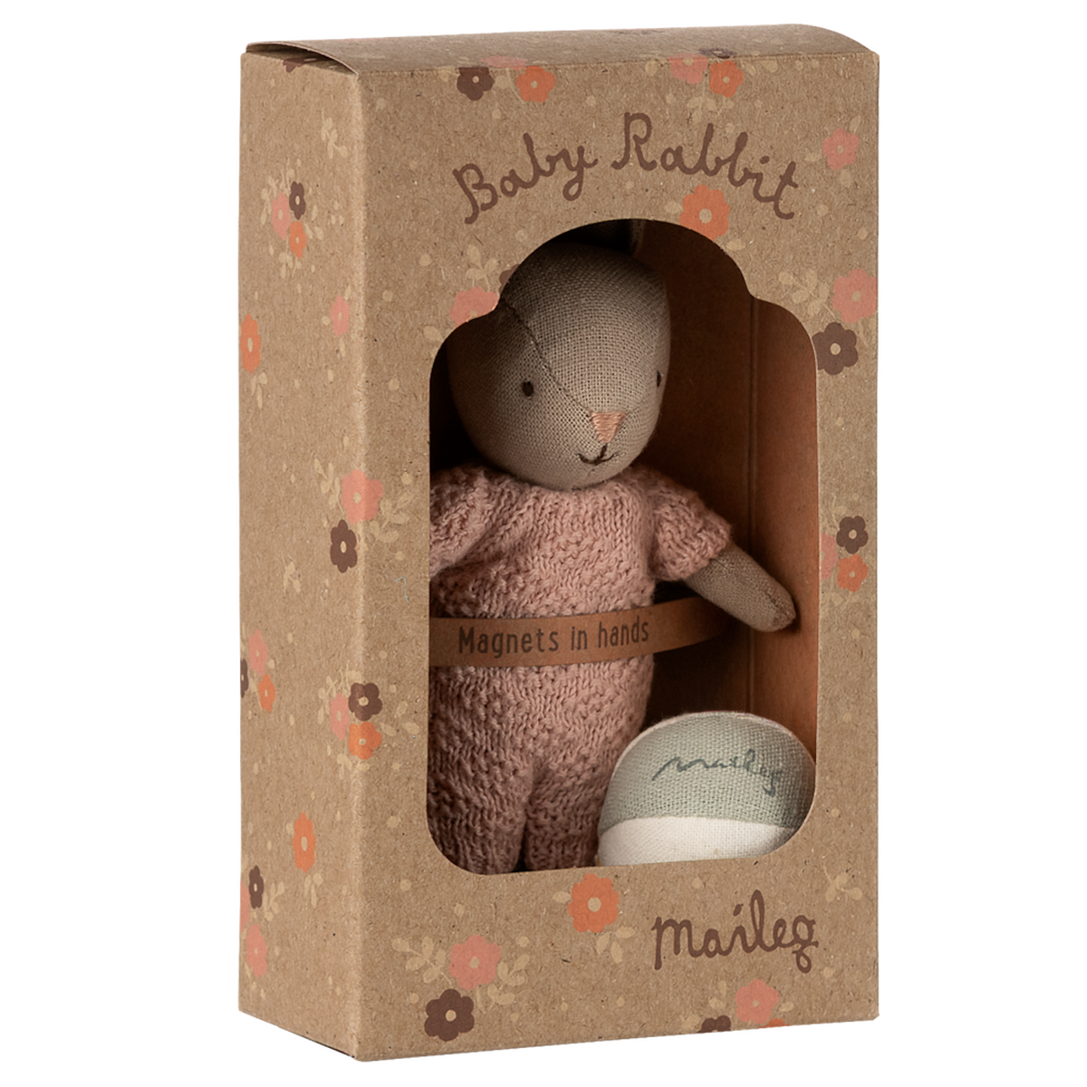 Maileg Baby Rabbit in a rose knitted suit, packaged in a floral box with a ball. 