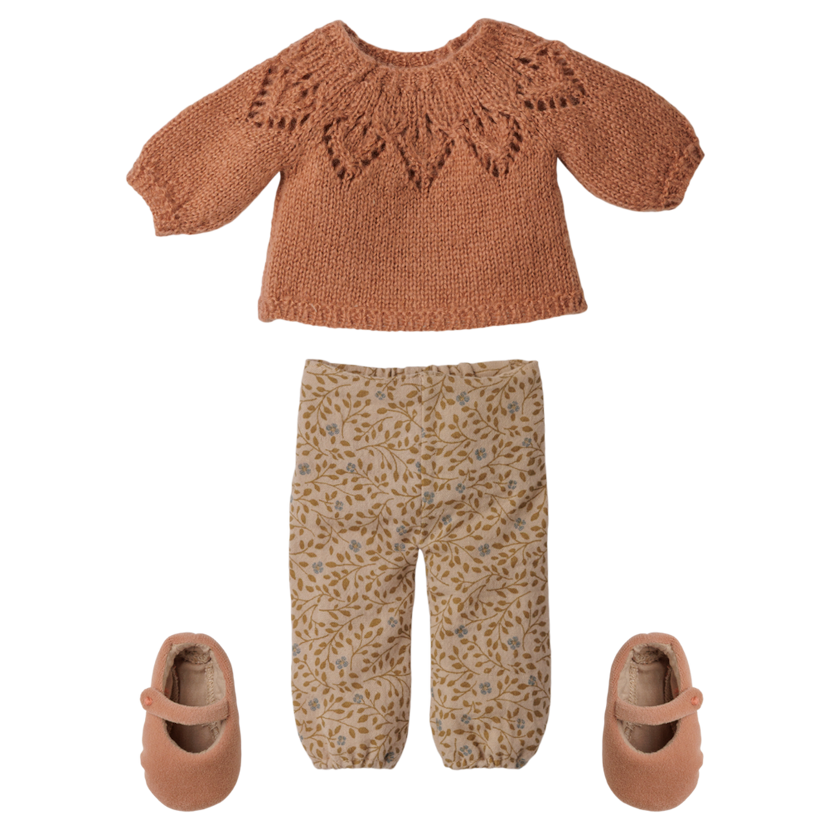Maileg size 3 doll clothes set featuring a brown knitted sweater, floral patterned pants, and pink shoes.