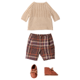 Maileg Size 4 rabbit clothes set with a knitted beige sweater, plaid pants, and brown shoes.
