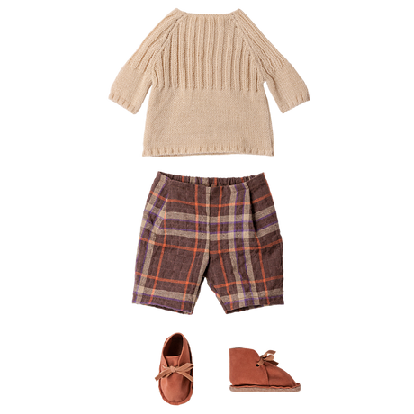 Maileg Size 4 rabbit clothes set with a knitted beige sweater, plaid pants, and brown shoes.