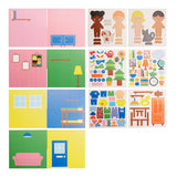Activity kit contents showing colorful room backgrounds, cut-out characters, pets, and sticker sheets.