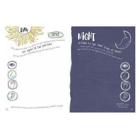 Split-page journal prompts compare day and night experiences. Left: "Day" with sun illustration; encourages observing senses. Right: "Night" under moon; prompts reflection.
