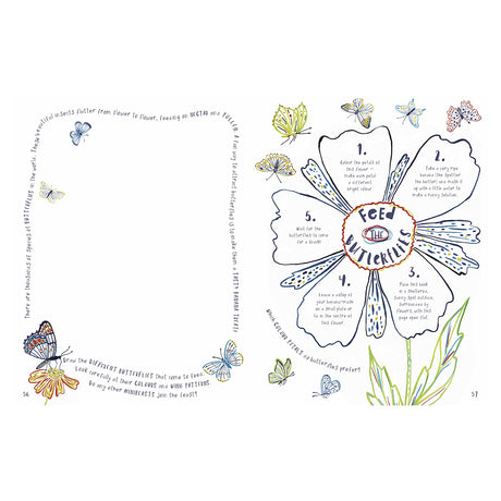 Illustrated page showing butterflies, flowers, and a step-by-step guide to feed butterflies. Playful doodles and handwritten text create an engaging tone.