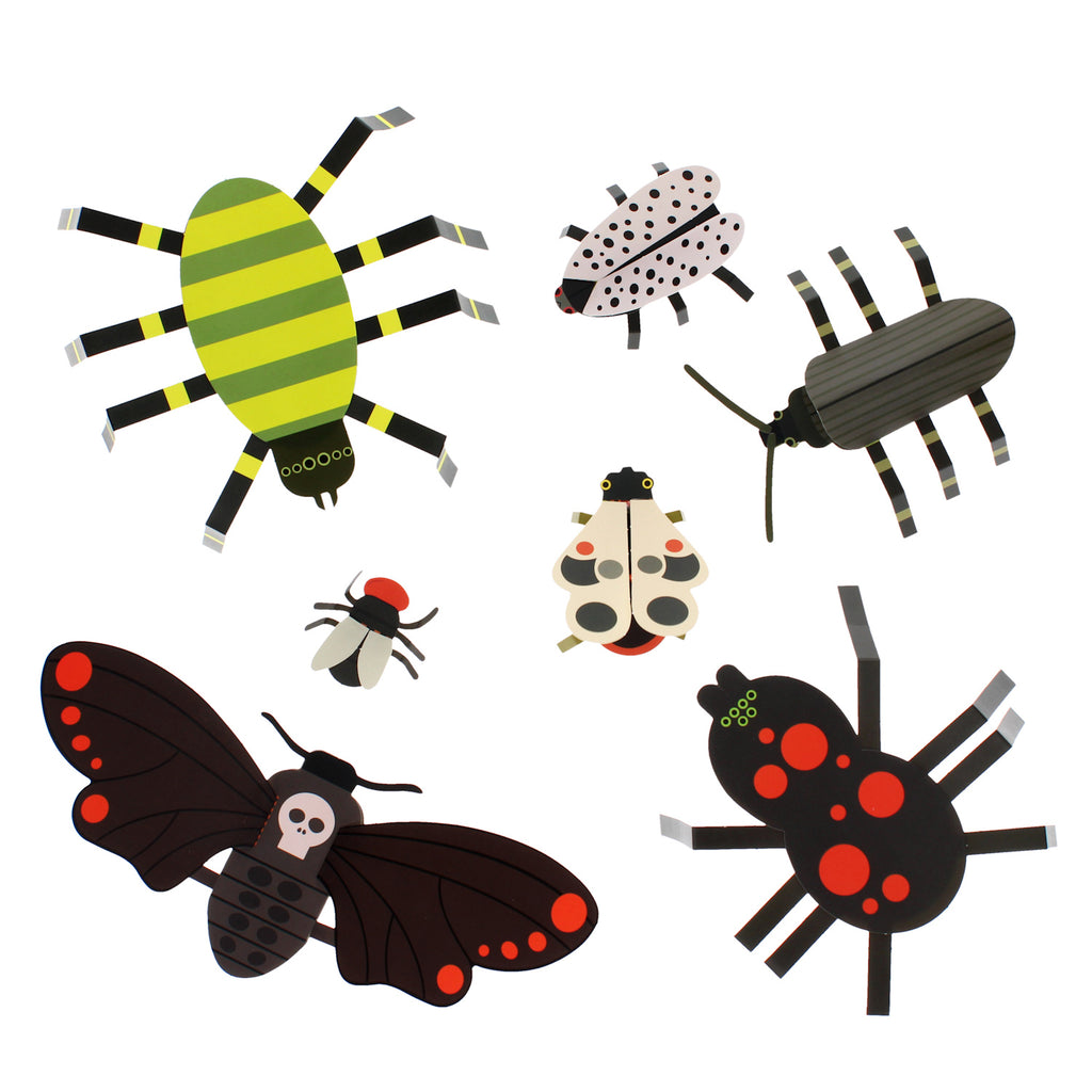 Illustrated insects on a white background, each with unique patterns and colors; includes a striped spider, polka-dot beetle, and butterfly with red accents.