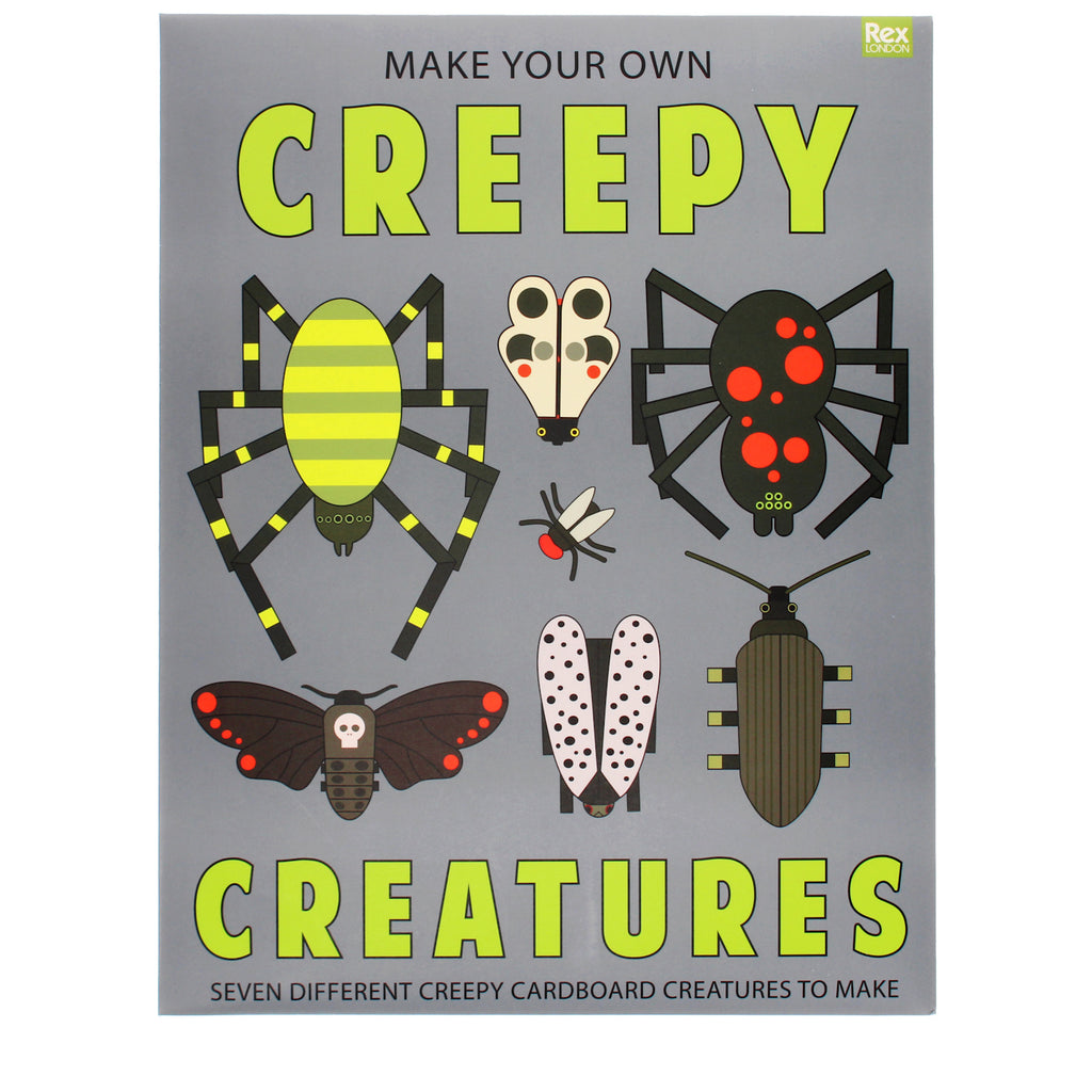 Cover of a craft kit titled "Make Your Own Creepy Creatures," featuring colorful, cartoonish insects and arachnids on a gray background.