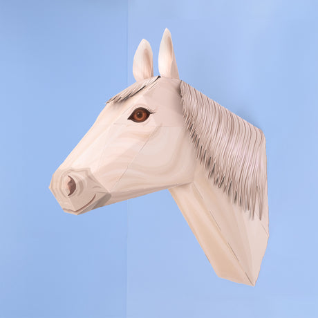 3D papercraft white horse head mounted against a light blue background.