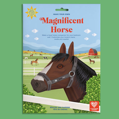 Packaging for 'Make Your Own Magnificent Horse' craft kit with an illustrated horse head in a field.