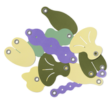 Assorted colorful paper shapes with eyelets in shades of purple, green, and yellow on a white background.