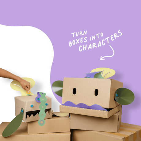 Cardboard box monsters with colorful paper cutouts and parts attached, with text reading "TURN BOXES INTO CHARACTERS".