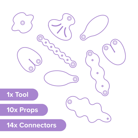 Purple line art of craft prop shapes labeled with 1x Tool, 10x Props, and 14x Connectors.