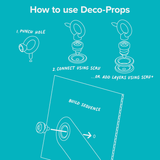 Teal diagram: How to use Deco-Props. Shows punching a hole and connecting layers to cardboard with a scru.