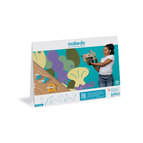 Back of Makedo deco-props blobbies packaging displaying tools, instructions, and a girl holding a craft.
