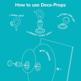 Instructional graphic on teal background titled "How to use Deco-Props" with a 3-step build sequence.