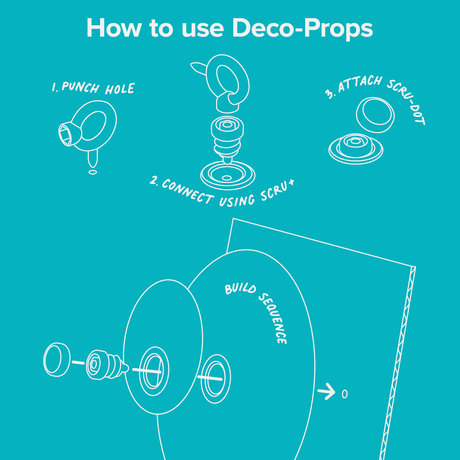 Instructional graphic on teal background titled "How to use Deco-Props" with a 3-step build sequence.