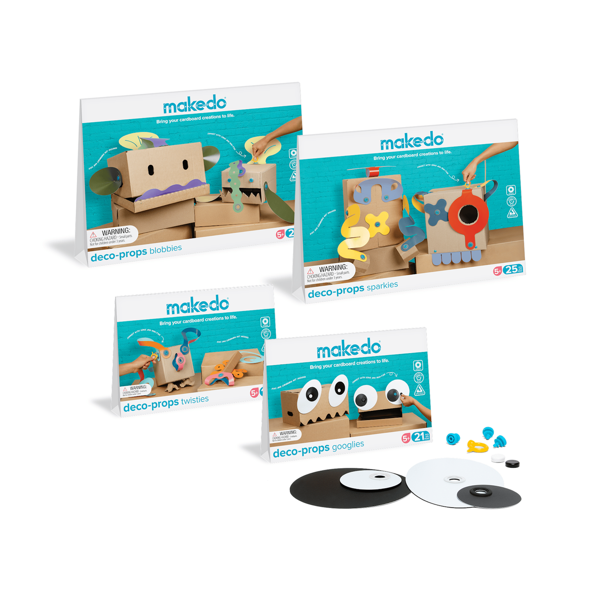 Four Makedo Deco-Props craft kits displayed with large eye cutouts and colorful connectors in the foreground.