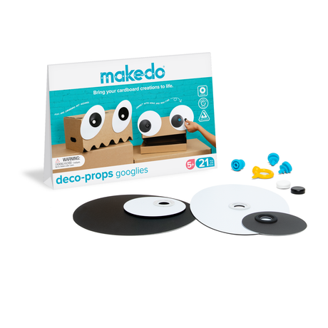Googly eye craft kit box displayed with paper eye pieces and colorful plastic connectors.
