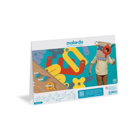 Back packaging of a Makedo Deco-Props set featuring colorful craft shapes and a child wearing a cardboard mask.