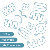 Blue line art showing ten cardboard construction props and text listing included tools, props, and connectors.