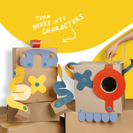 Cardboard box characters decorated with colorful plastic craft pieces, with text saying "Turn boxes into characters."