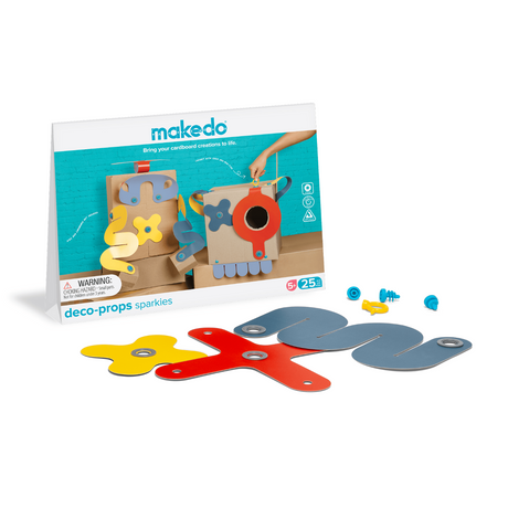Makedo deco-props sparkies craft kit with box, colorful prop shapes, and plastic screws in front.