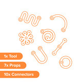 Orange line art showing 7 decorative flexible shapes, labeled 1x Tool, 7x Props, and 10x Connectors.