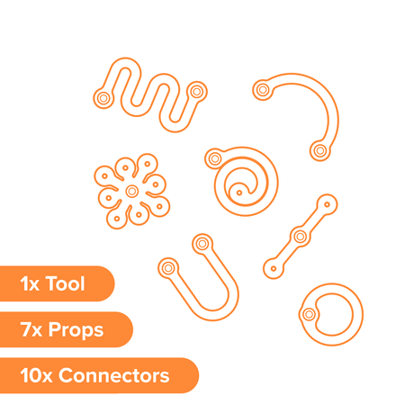 Orange line art showing 7 decorative flexible shapes, labeled 1x Tool, 7x Props, and 10x Connectors.