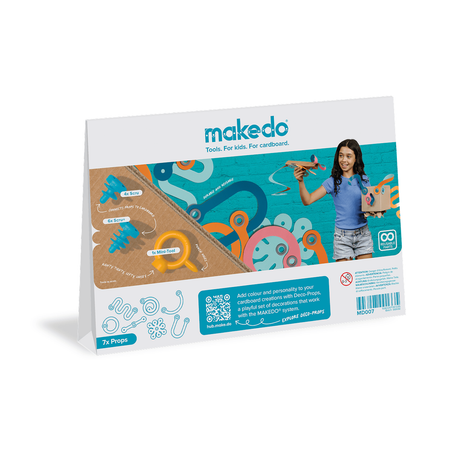Back of Makedo deco-props packaging displaying contents, instructions, and a girl holding cardboard crafts.