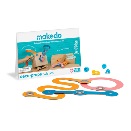 Makedo deco-props twisties kit packaging with colorful cardboard connectors and plastic screws on white.