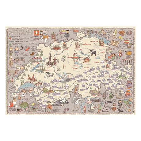 Illustrated map of Switzerland features landmarks, mountains, lakes, and cultural icons such as cheese and chocolate, with a playful, whimsical tone.