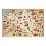 Illustrated map of Belgium featuring landmarks, animals, and people in traditional outfits. Includes drawings of cities, churches, waffles, and cyclists. Playful and colorful.