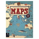 Illustrated book cover titled "Maps" depicting a world map with animals and people, showcasing diverse global regions. Playful, adventurous tone.