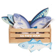 Wooden toy fish set featuring blue play fish in a small Le Toy Van wooden crate.