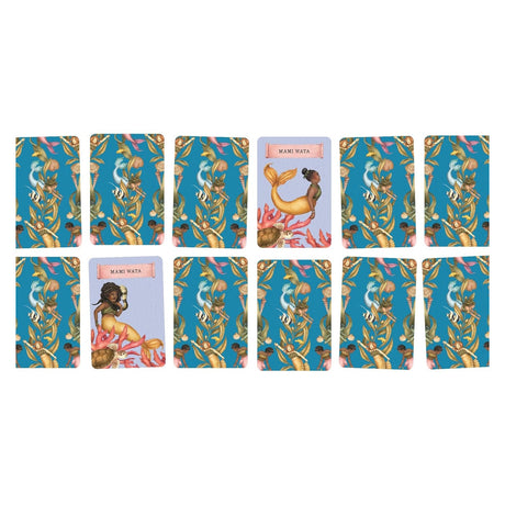 Mermaid-themed memory card game featuring patterned card backs and two revealed Mami Wata cards.