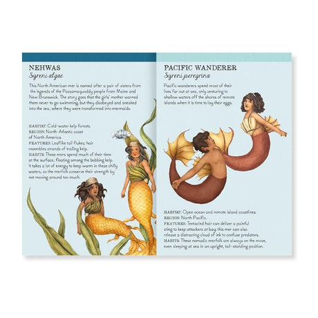 Illustrated book page showing details and drawings of different mythical mermaids and mermen.