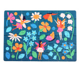 Colorful fairy-themed puzzle with 48 pieces, featuring vibrant flowers and whimsical fairies on a dark blue background, neatly packed in a matchbox-sized box.