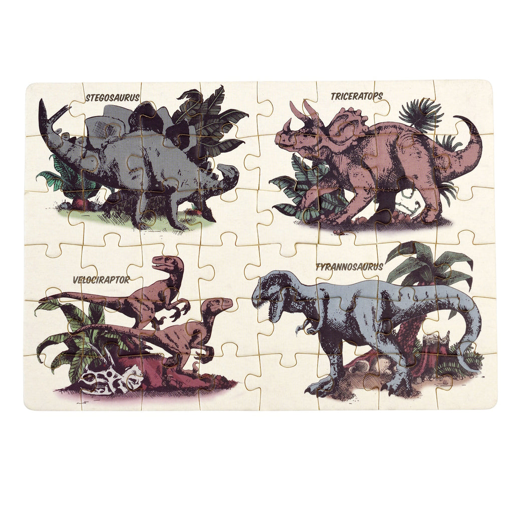 Colorful dinosaur puzzle featuring Stegosaurus, Triceratops, Velociraptor, and Tyrannosaurus, packed in a matchbox-sized box.