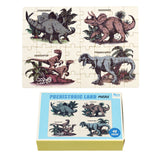 Colorful dinosaur puzzle featuring Stegosaurus, Triceratops, Velociraptor, and Tyrannosaurus, packed in a matchbox-sized box.