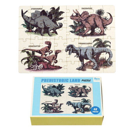 Colorful dinosaur puzzle featuring Stegosaurus, Triceratops, Velociraptor, and Tyrannosaurus, packed in a matchbox-sized box.