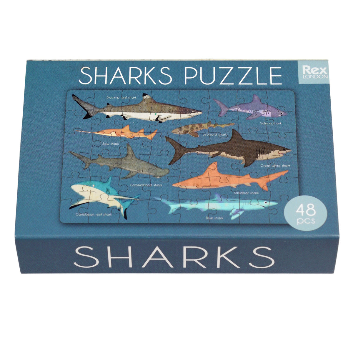 A 48 pcs. puzzle featuring various shark species on a blue background, packaged in a matchbox-sized box.