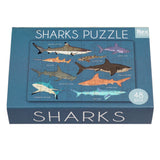 A 48 pcs. puzzle featuring various shark species on a blue background, packaged in a matchbox-sized box.