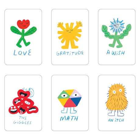 Six illustrated cards with cute characters labeled Love, Gratitude, A Wish, The Giggles, Math, and An Itch.
