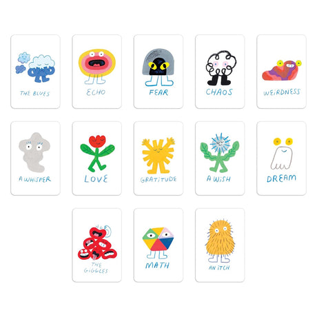 Illustrated cards featuring whimsical character drawings of abstract feelings and concepts.